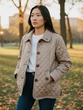 Lauren Ralph Lauren Quilted Taupe Diamond-Pattern Puffer Jacket